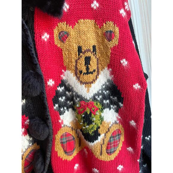 VTG 90s Elana Carello Bear Christmas Cardigan Faux Fur Collar Pom Buttons - Picture 4 of 8